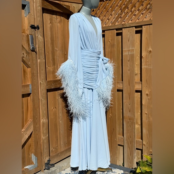 🆕 BRONX & BANCO 🧿 NWOT Geisha Feather-Trim Maxi Dress, Powder Blue - Sz M US 6 - Picture 6 of 16